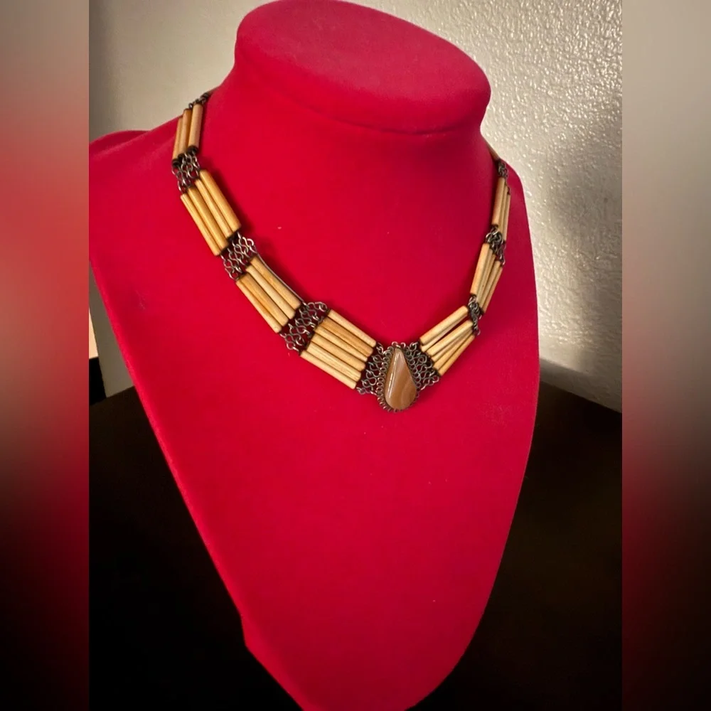 Vintage Peruvian Bamboo & Silver Tone Chain Choker | Agate Statement Necklace
